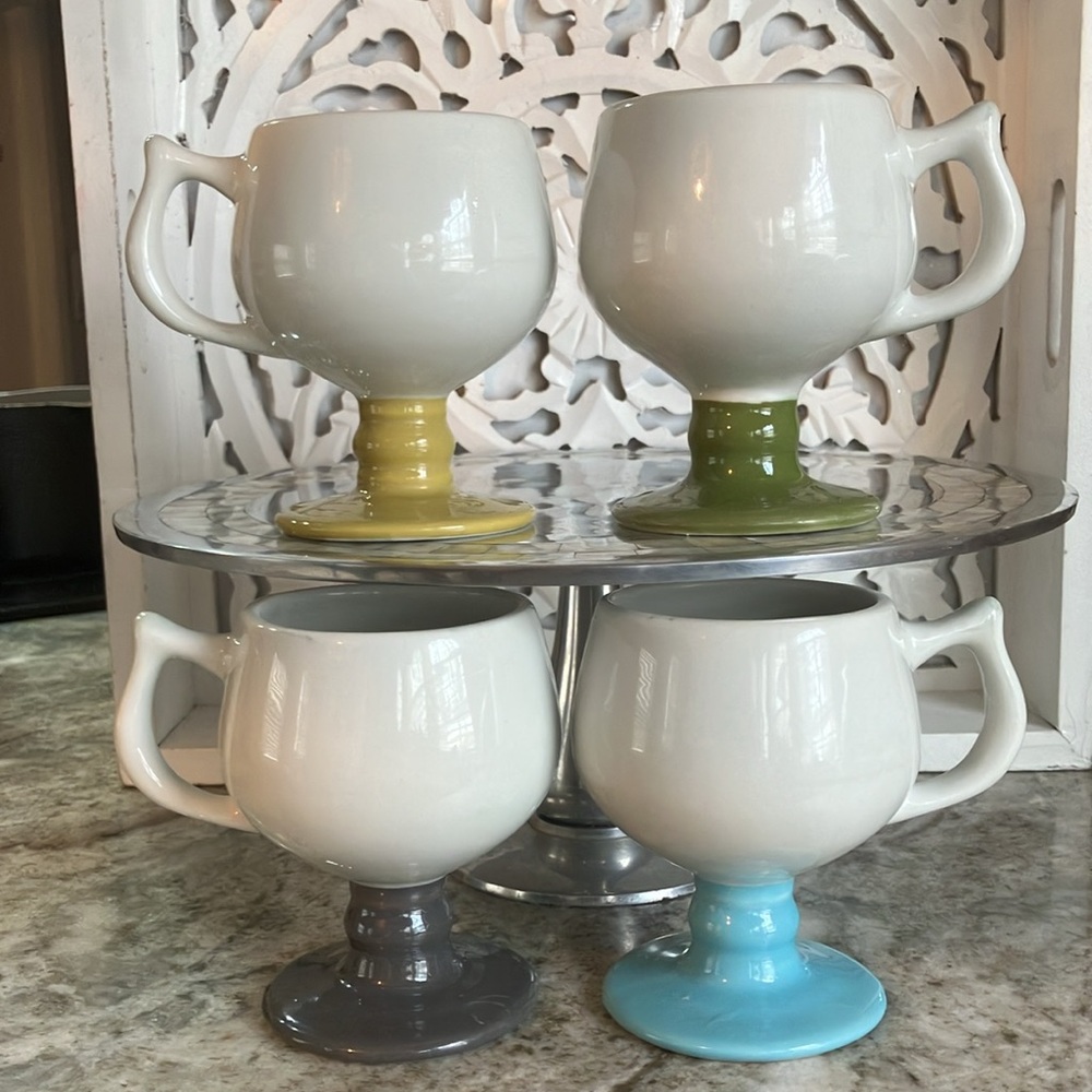 Glossy White Ceramic Mugs with Colored Pedestal Bases — Set of 4